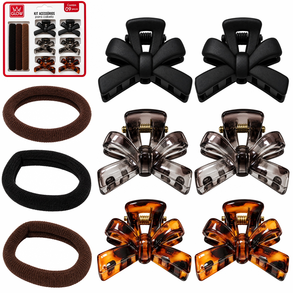KIT ACESSORIOS PARA CABELO ELASTICO / RABICO + PIRANHA LACO GLOW 9 PECAS