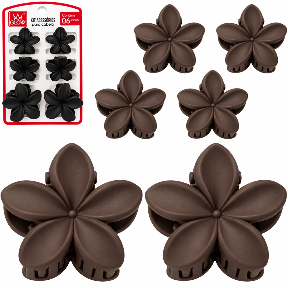 KIT ACESSORIOS PARA CABELO PIRANHA FLOR FOSCA GLOW COM 6 PECAS 