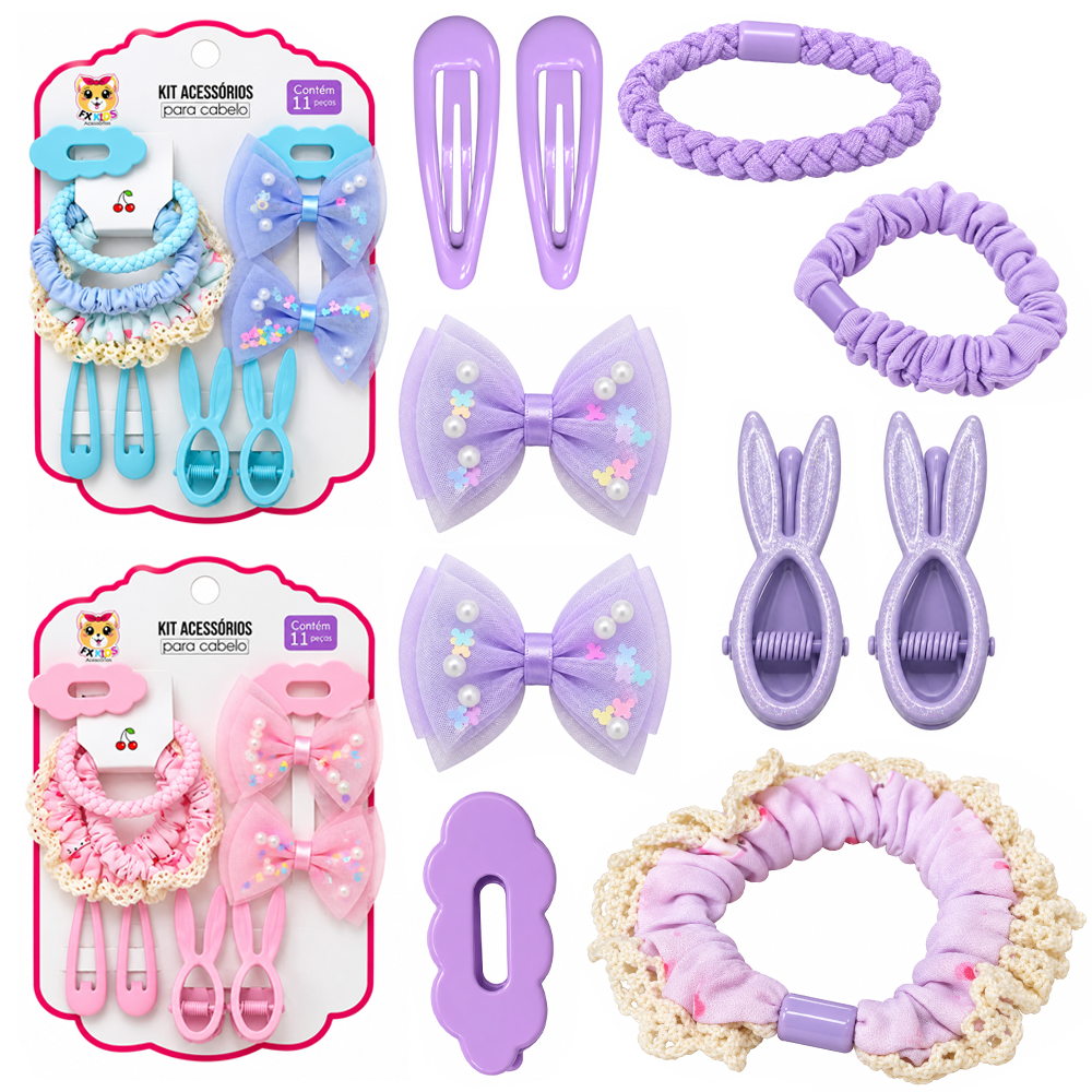 KIT ACESSORIOS PARA CABELO ELASTICO / RABICO + PRESILHA TIC TAC FX KIDS 11 PECAS 