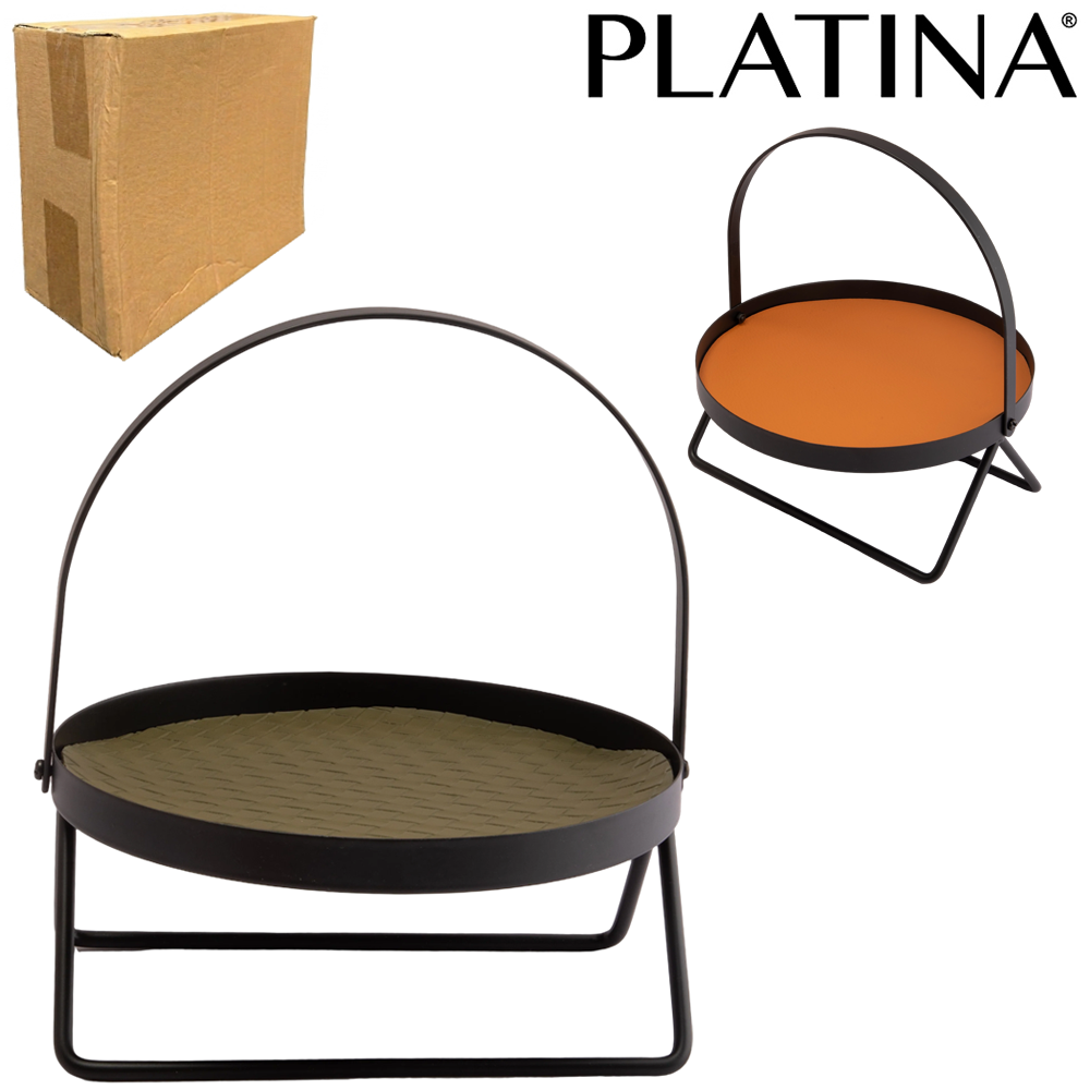 BANDEJA PORTA JOIAS DE METAL REDONDA COM ALCA + PE E FORRO DE COURO SINTETICO 23X20CM DE Ø
