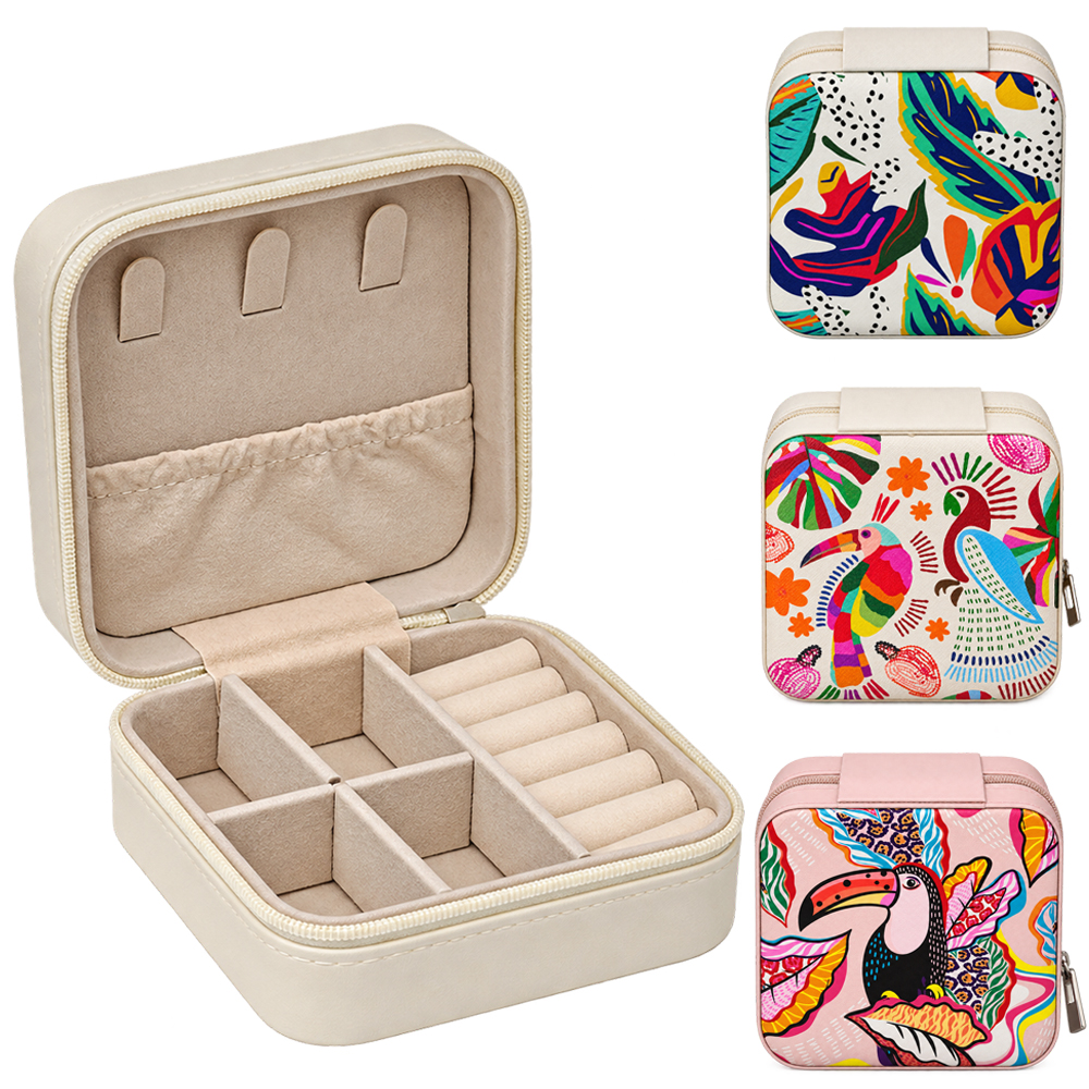 ESTOJO PORTA JOIAS DE PVC QUADRADO TROPICAL COM 4 DIVISORIAS E ZIPER 9,5X4,8CM