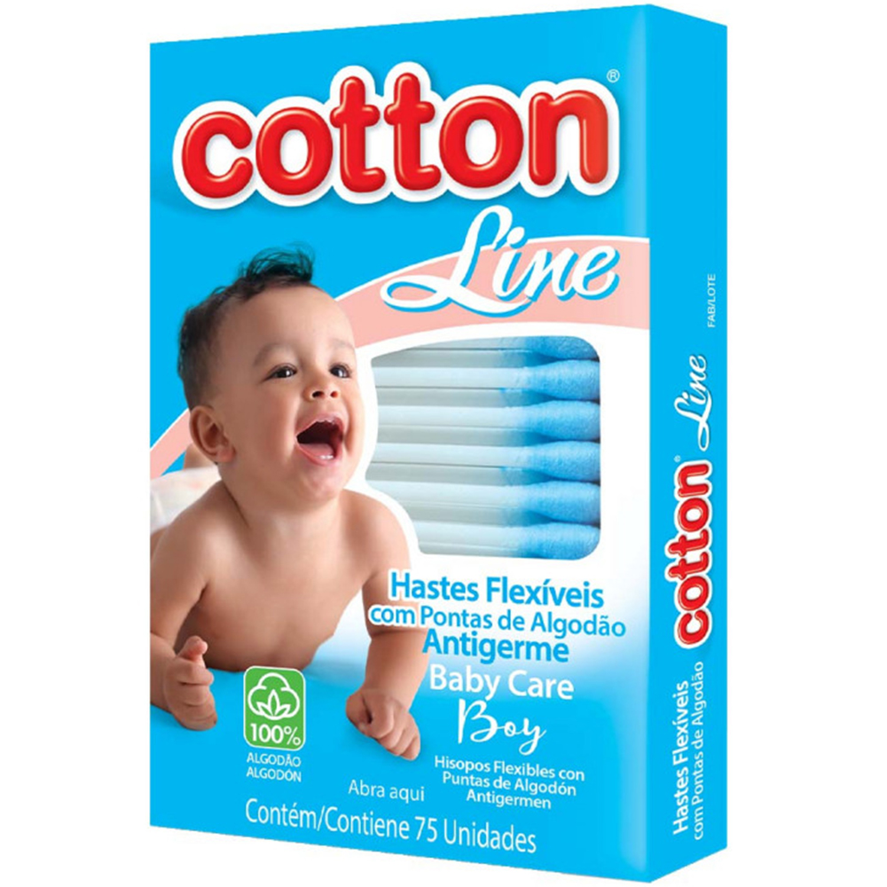HASTES FLEXIVEIS (COTONETES) COTTON LINE BABY CARE BOY COM COM 75 PECAS